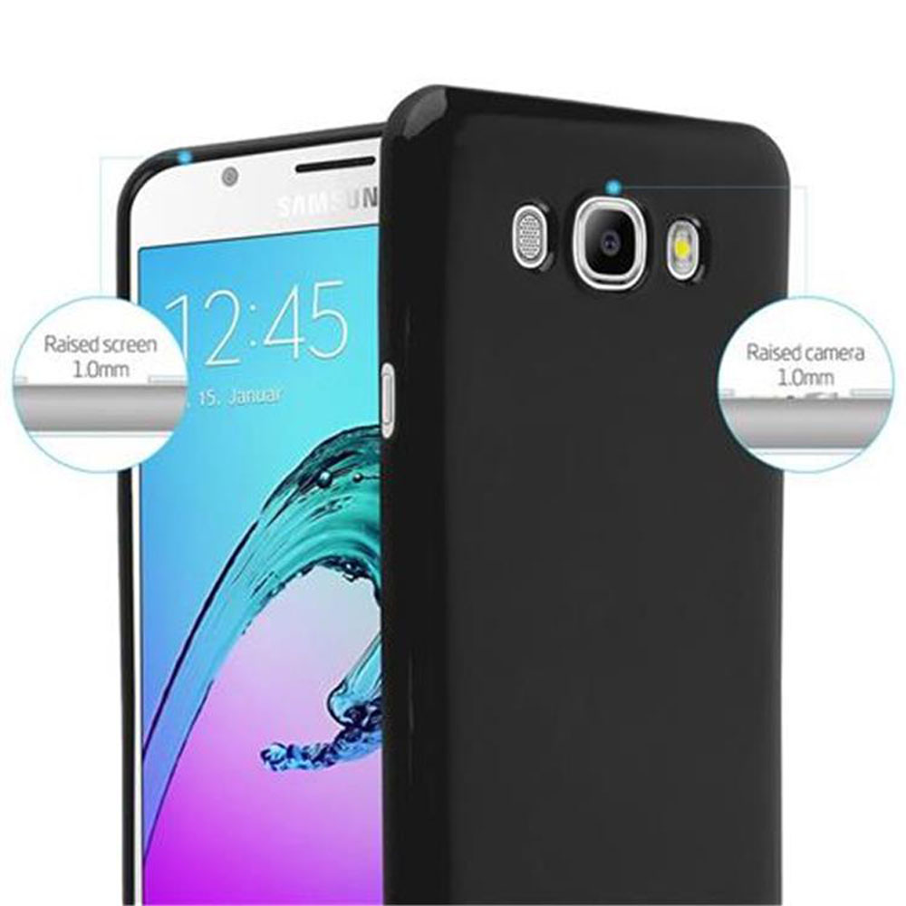 Funda de teléfono negra en un Samsung, con pantalla y cámara elevadas.
