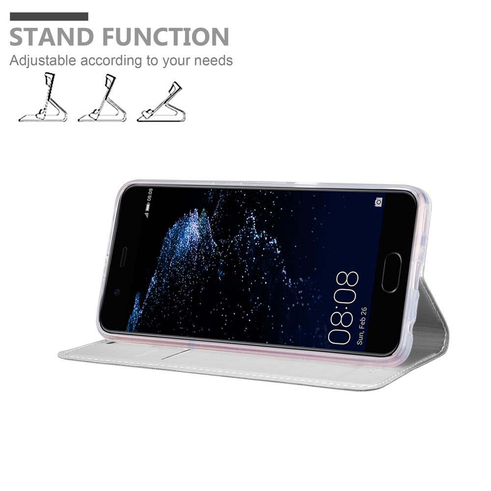 Eine weiße Handyhülle mit einem Telefon darin. Das Telefon befindet sich auf der linken Seite. Die Hülle ist offen. Das Telefon steht aufrecht.