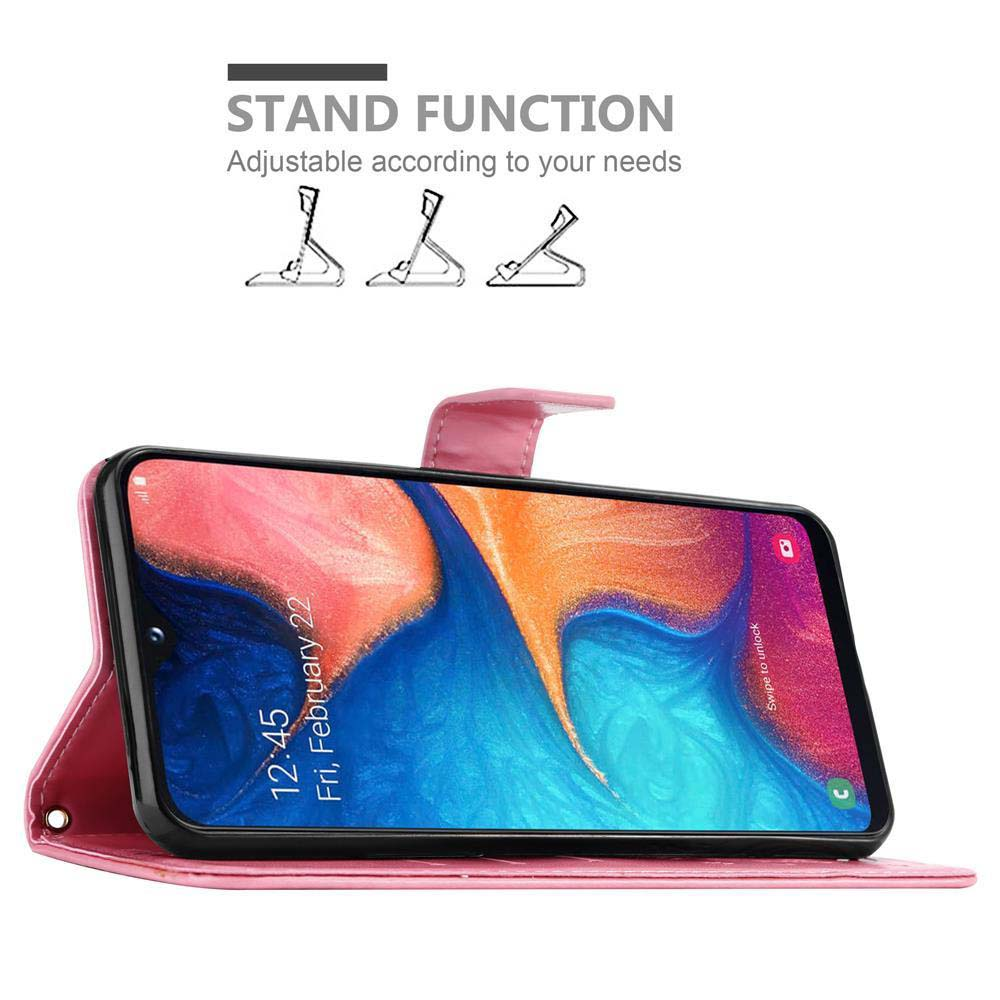 Custodia per telefono rosa con telefono che mostra ora e data, con funzione supporto.