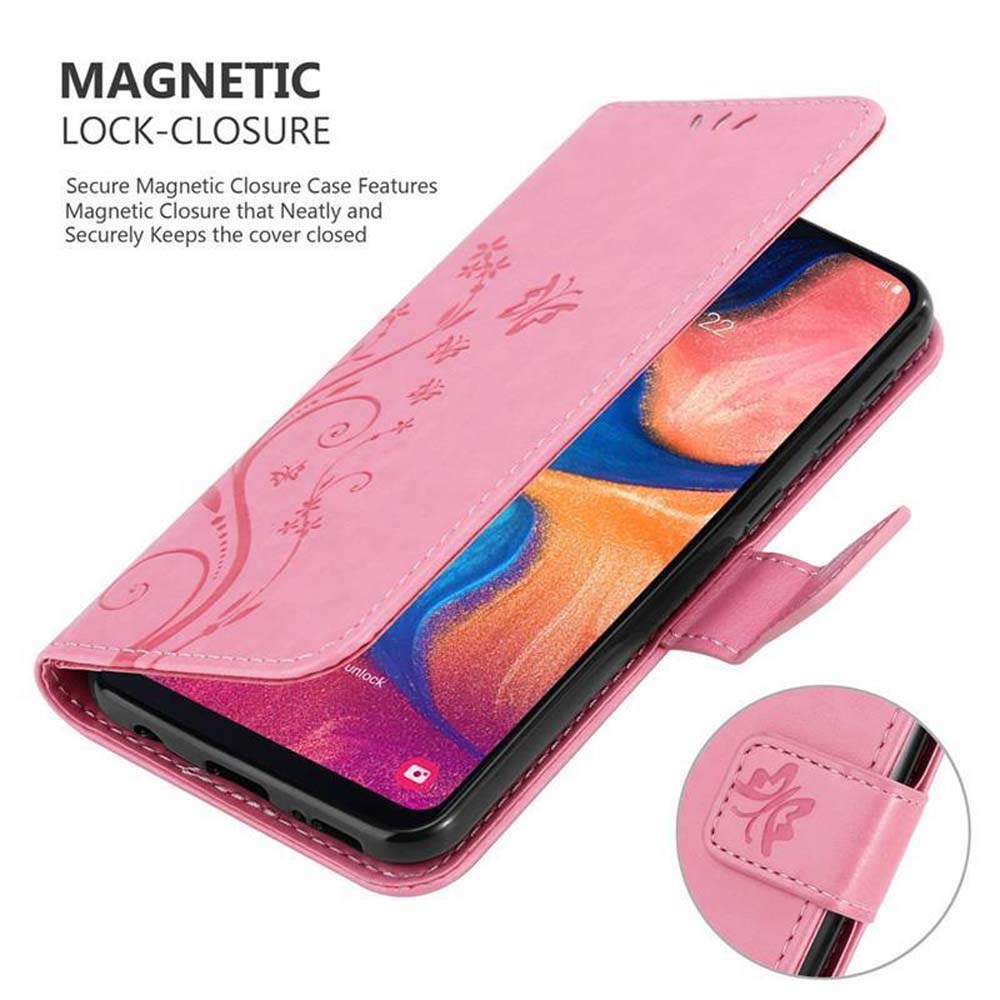 Custodia rosa per telefono con telefono. Vengono mostrate le caratteristiche di chiusura magnetica.