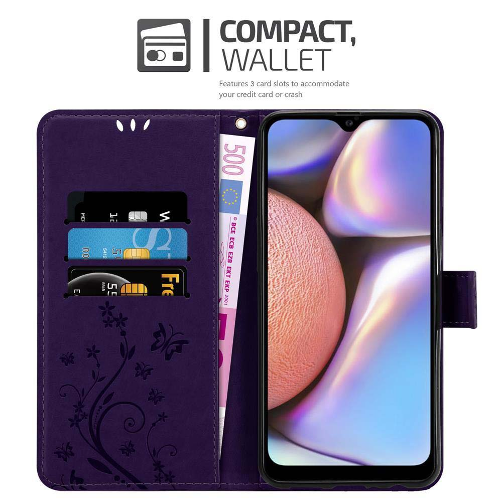 Custodia a portafoglio viola aperta con carte e telefono.