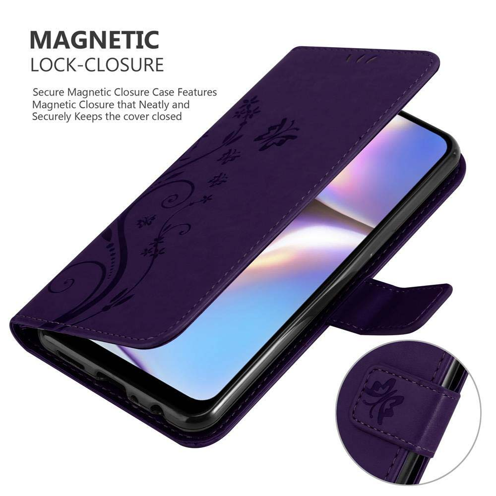 Custodia per telefono viola con design floreale. Il telefono è nero con schermo acceso.