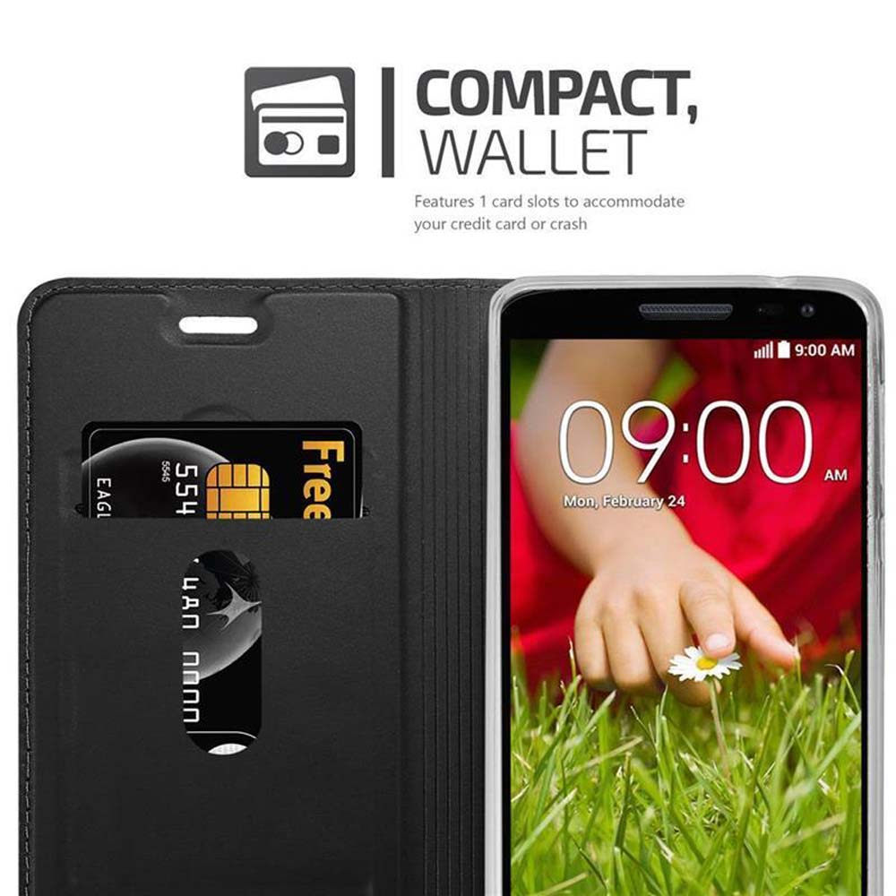 Un telefono nero in una custodia a portafoglio. Le fessure per le carte di credito sono visibili.