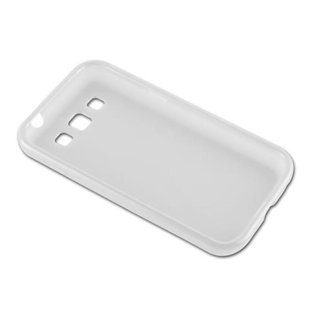 Custodia per telefono bianca e lucida con fori per fotocamera, altoparlante e porta di ricarica. Design semplice.