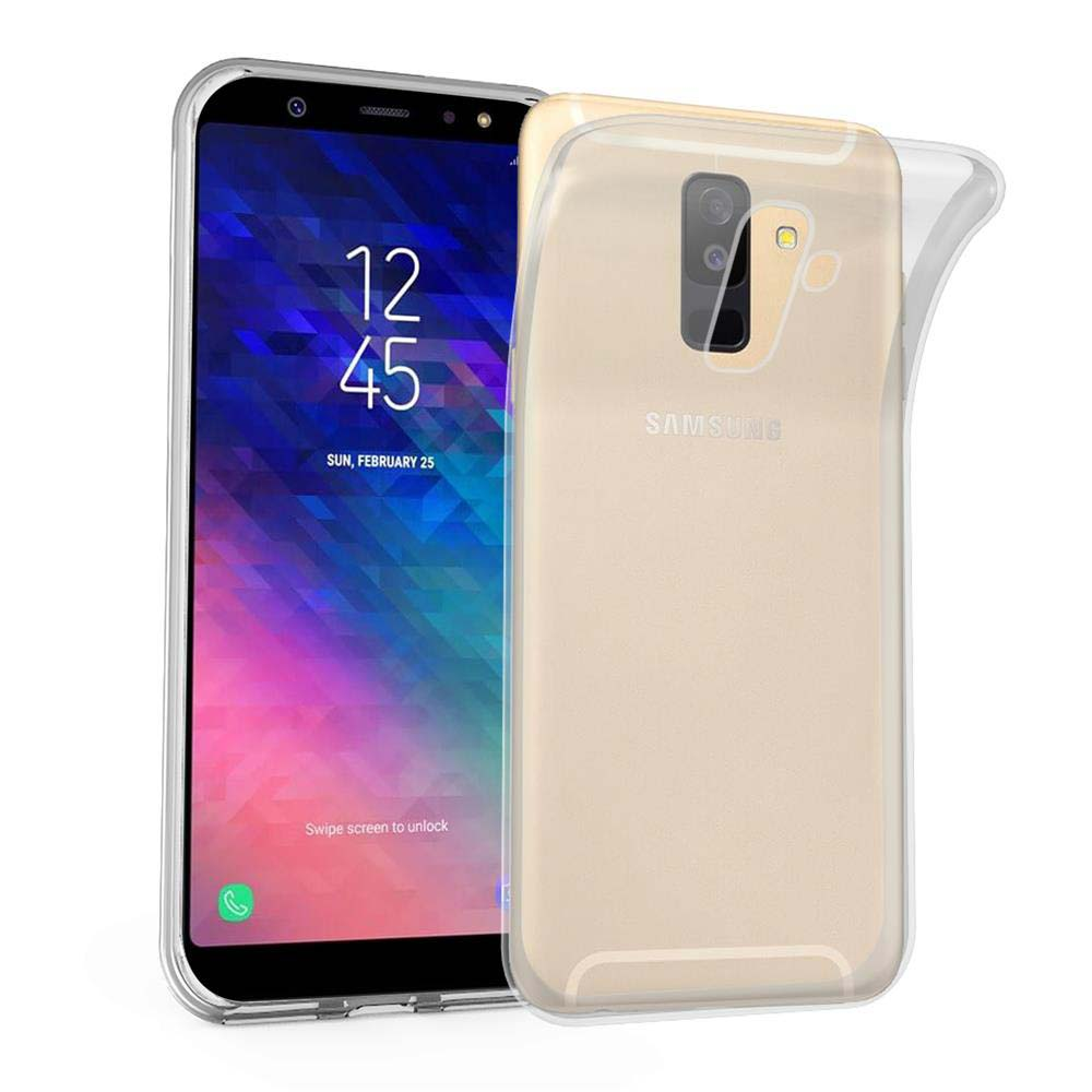 Telefono Samsung in custodia trasparente. Il telefono mostra l'ora e la data. La custodia ha un ritaglio per la fotocamera.
