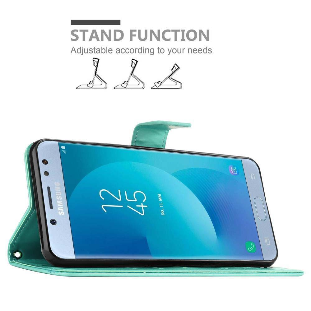 Un telefono in una custodia verde, con la funzione supporto. Il telefono mostra l'ora 12:45 e un calendario.