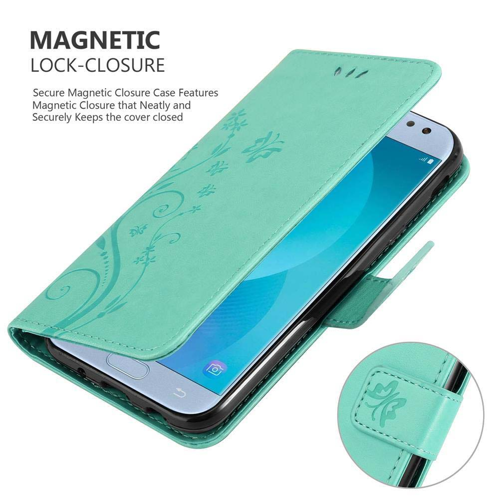 Custodia telefono verde, aperta, rivela smartphone. Design floreale e chiusura magnetica.