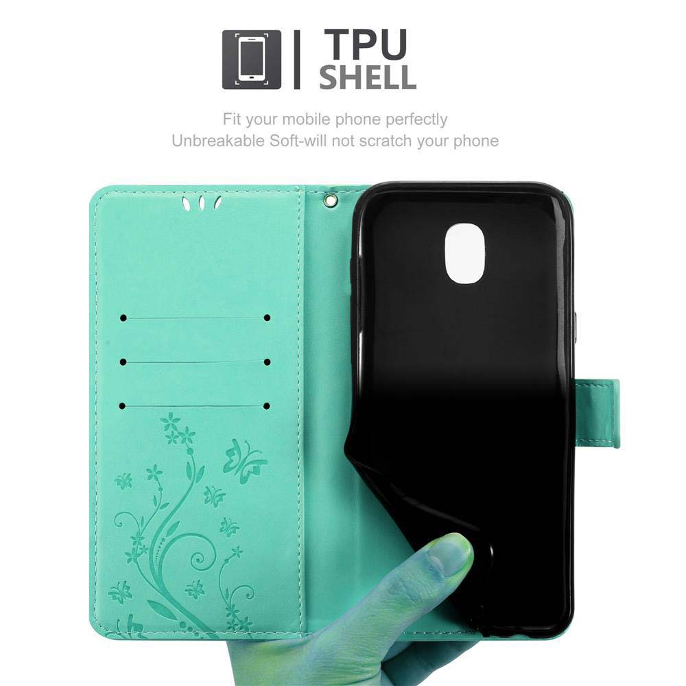 Custodia del telefono verde acqua aperta, che mostra un telefono all'interno. Testo: TPU SHELL.