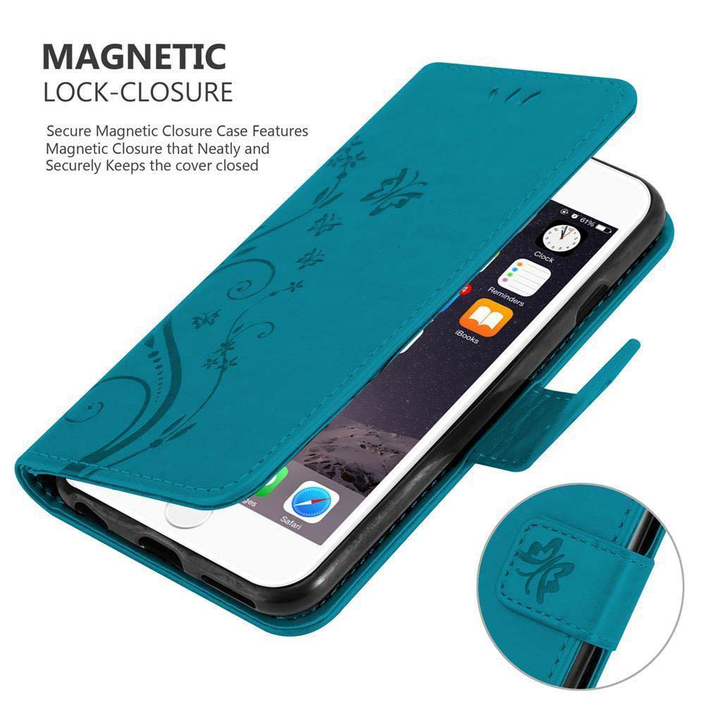 Custodia per telefono color teal con design floreale, aperta per rivelare un telefono bianco con app.