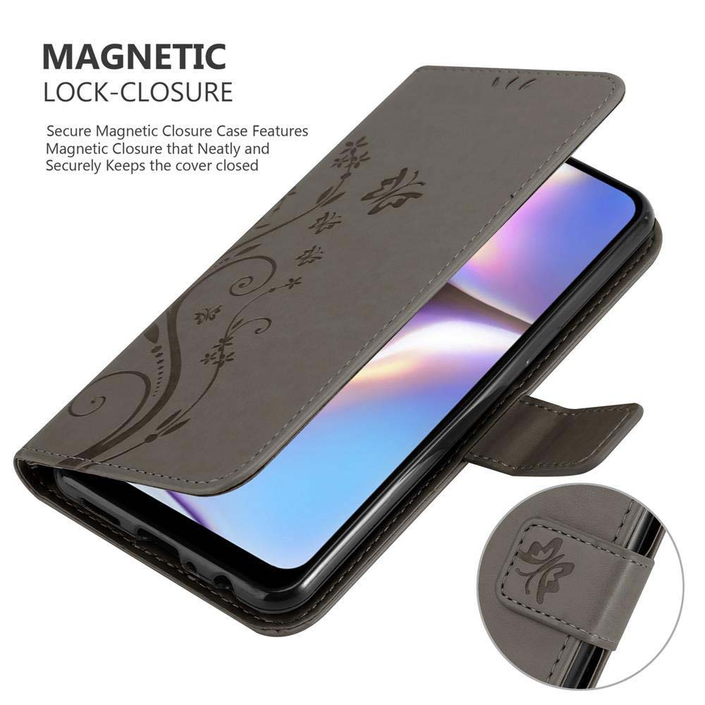 Custodia del telefono aperta, che mostra il telefono. Design floreale sulla cover e chiusura magnetica.