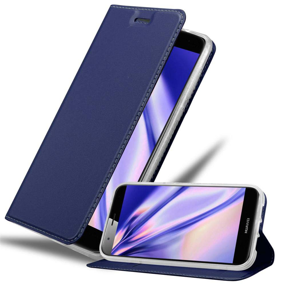 Dos teléfonos con fundas azules. Uno muestra pantalla con diseño. El otro cerrado. Ambos son Huawei.