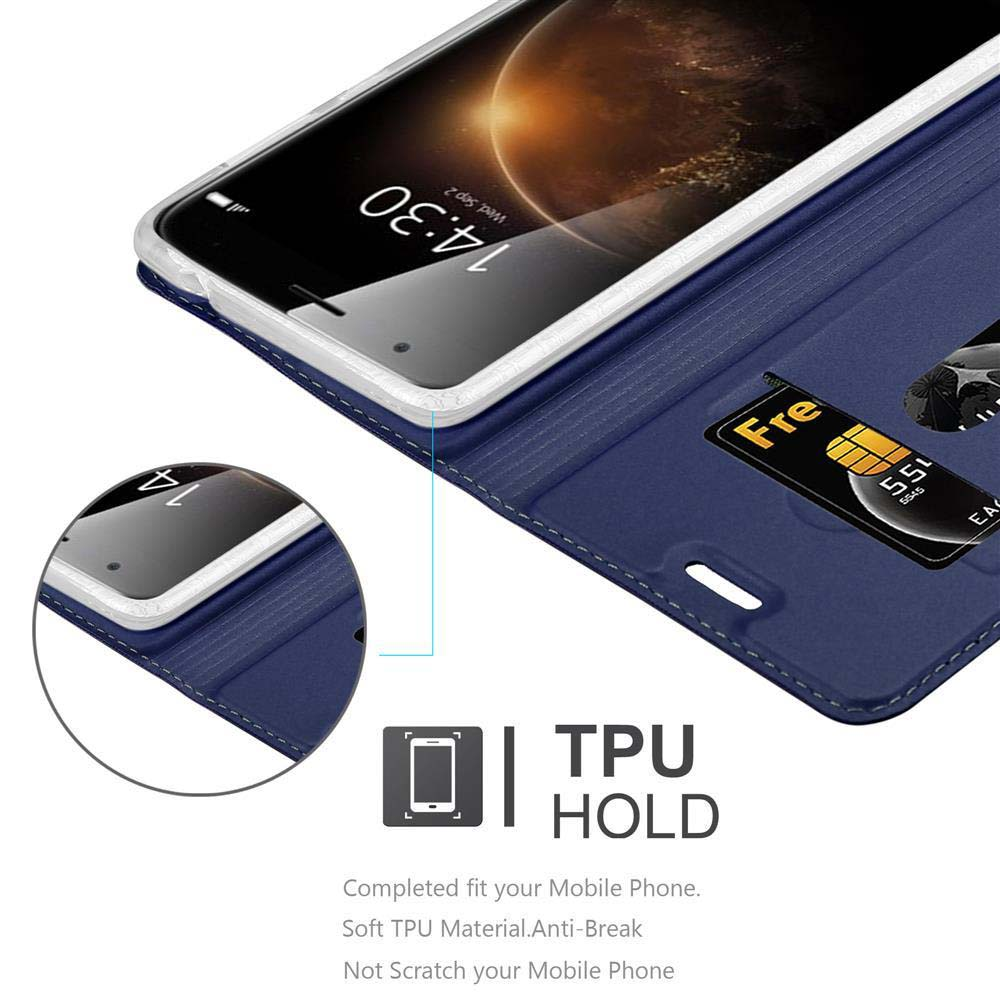 Funda de teléfono azul con teléfono dentro, mostrando la pantalla. Tiene una tarjeta y una ranura con texto TPU HOLD.