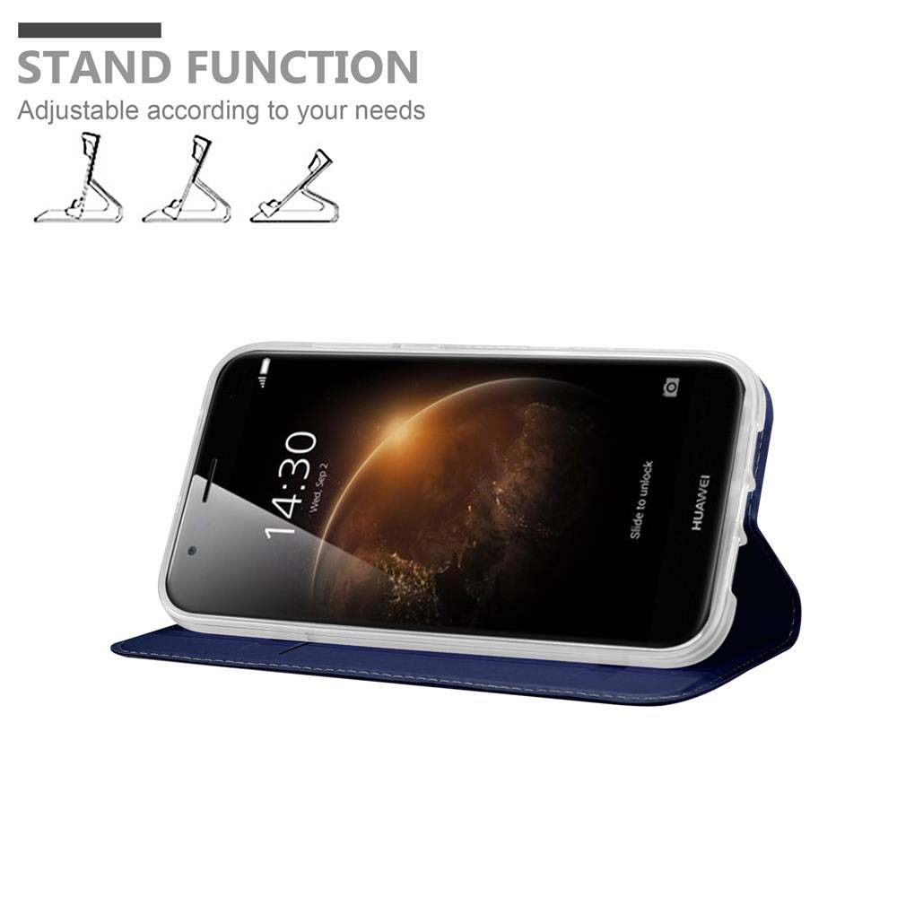 Teléfono en una funda azul, con función de soporte. El teléfono muestra la hora 14:30. Fondo blanco.