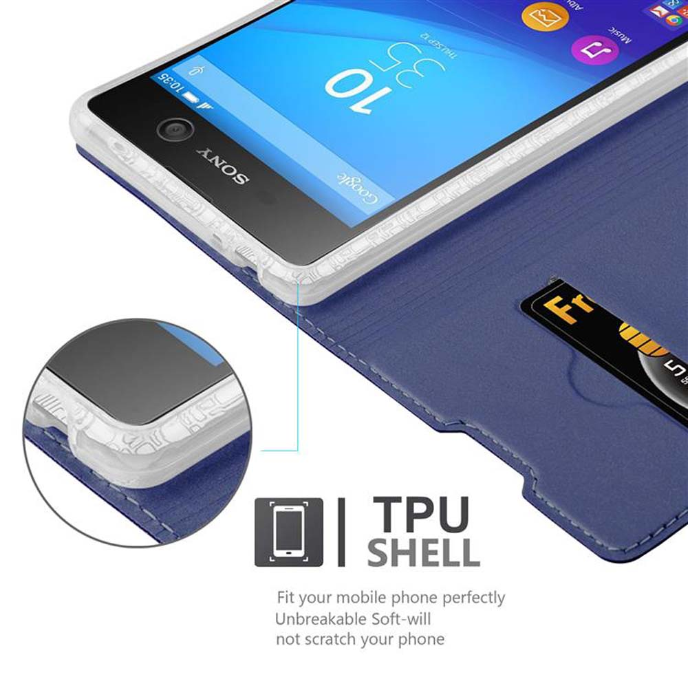 Una funda de teléfono con un teléfono dentro. La funda es azul con una ranura para tarjeta y tiene una carcasa de TPU.