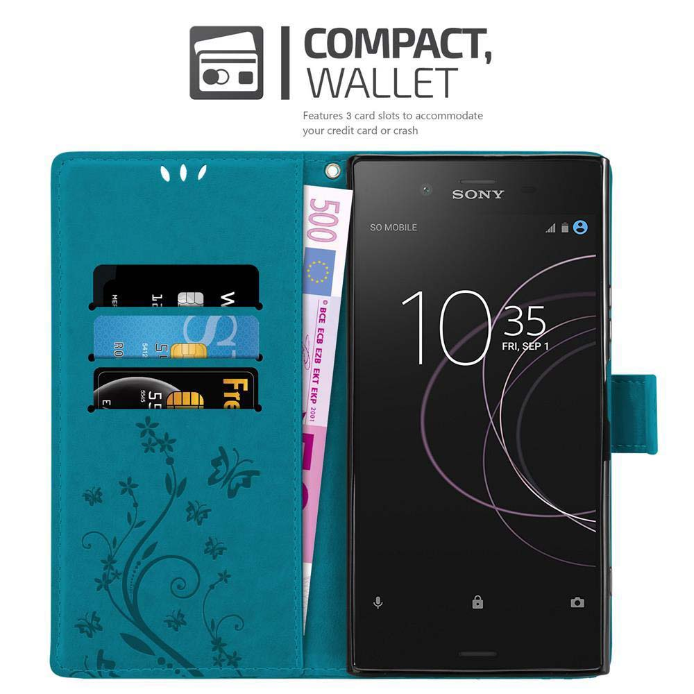 Custodia per telefono turchese aperta con carte di credito e una banconota all'interno. Il telefono è visibile. Compact Wallet.