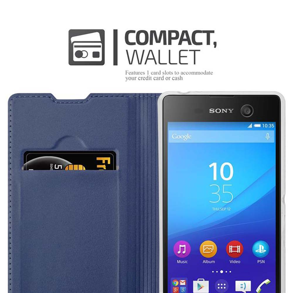 Teléfono dentro de una funda azul, con tarjeta de crédito visible. La pantalla del teléfono es visible.