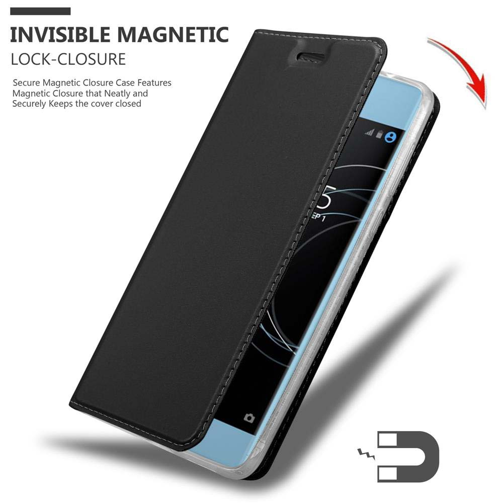 Schwarze Handyhülle mit offenem Deckel und Telefon darin. Text über Magnetverschluss.