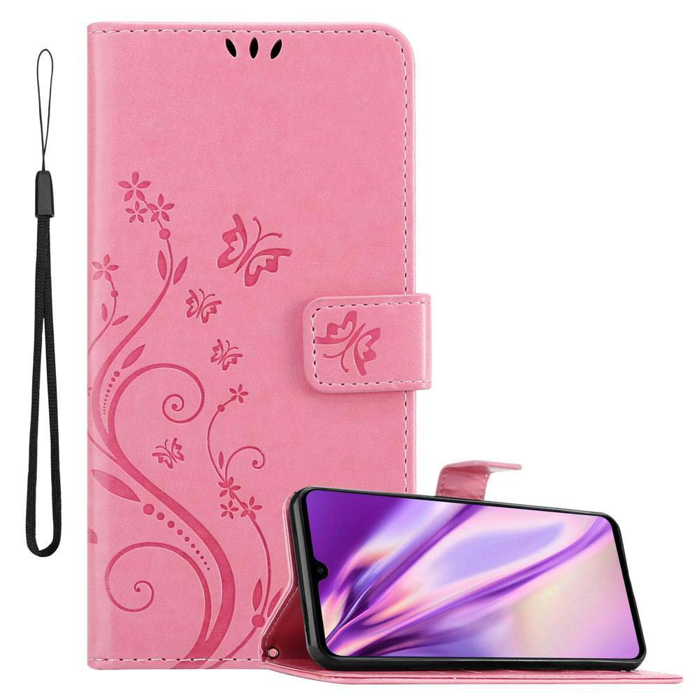 Custodia rosa con design floreale e telefono. Un cordino nero a sinistra.