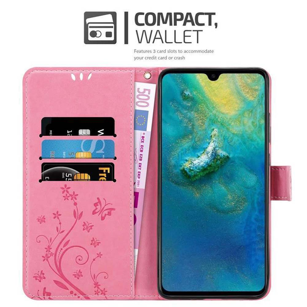 Una custodia a portafoglio rosa per telefono, aperta, che mostra slot per carte e un telefono.