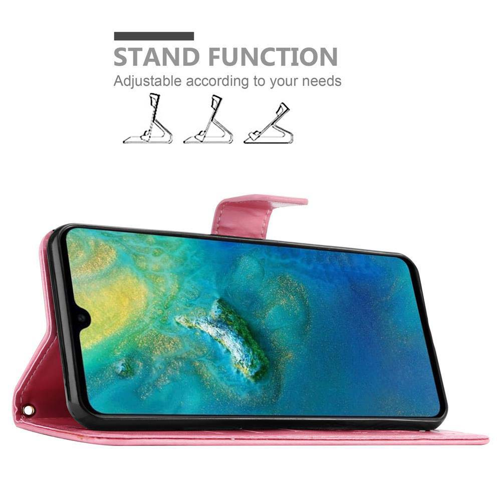 Telefono in custodia a portafoglio rosa, aperto per mostrare lo schermo. Funzione supporto con posizioni regolabili.