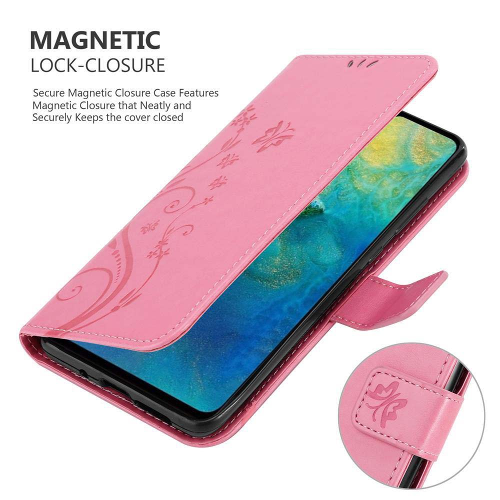 Custodia rosa per telefono con un design floreale. La custodia è aperta, con un telefono all'interno. Chiusura magnetica mostrata.