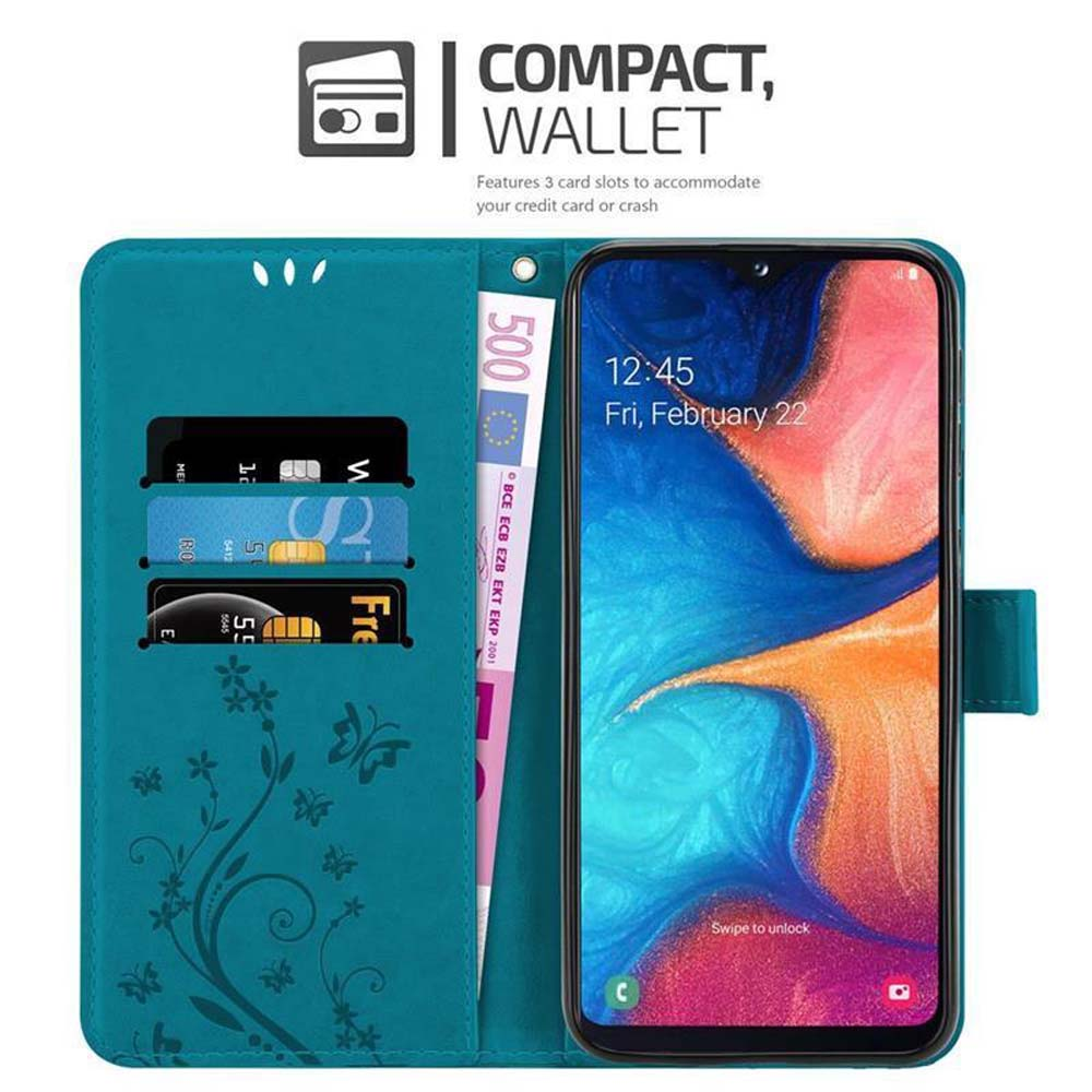 Custodia per telefono color verde acqua con carte e denaro. Schermo del telefono che mostra la data e l'ora.