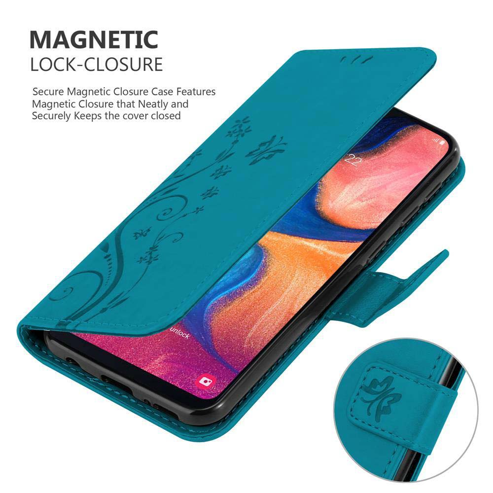 Custodia per telefono turchese con design floreale. Testo 'MAGNETIC LOCK-CLOSURE'.