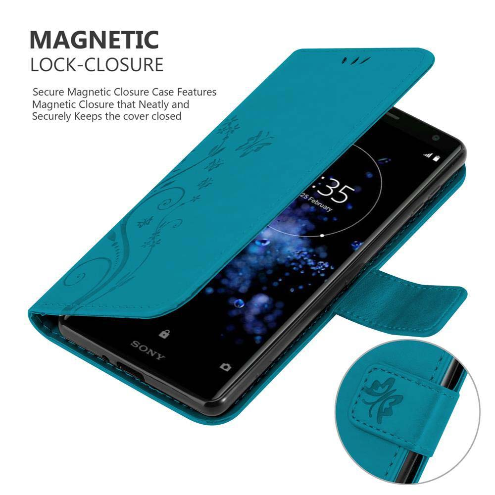 Custodia per telefono color verde acqua con design floreale. Mostra un telefono all'interno con l'ora visualizzata.
