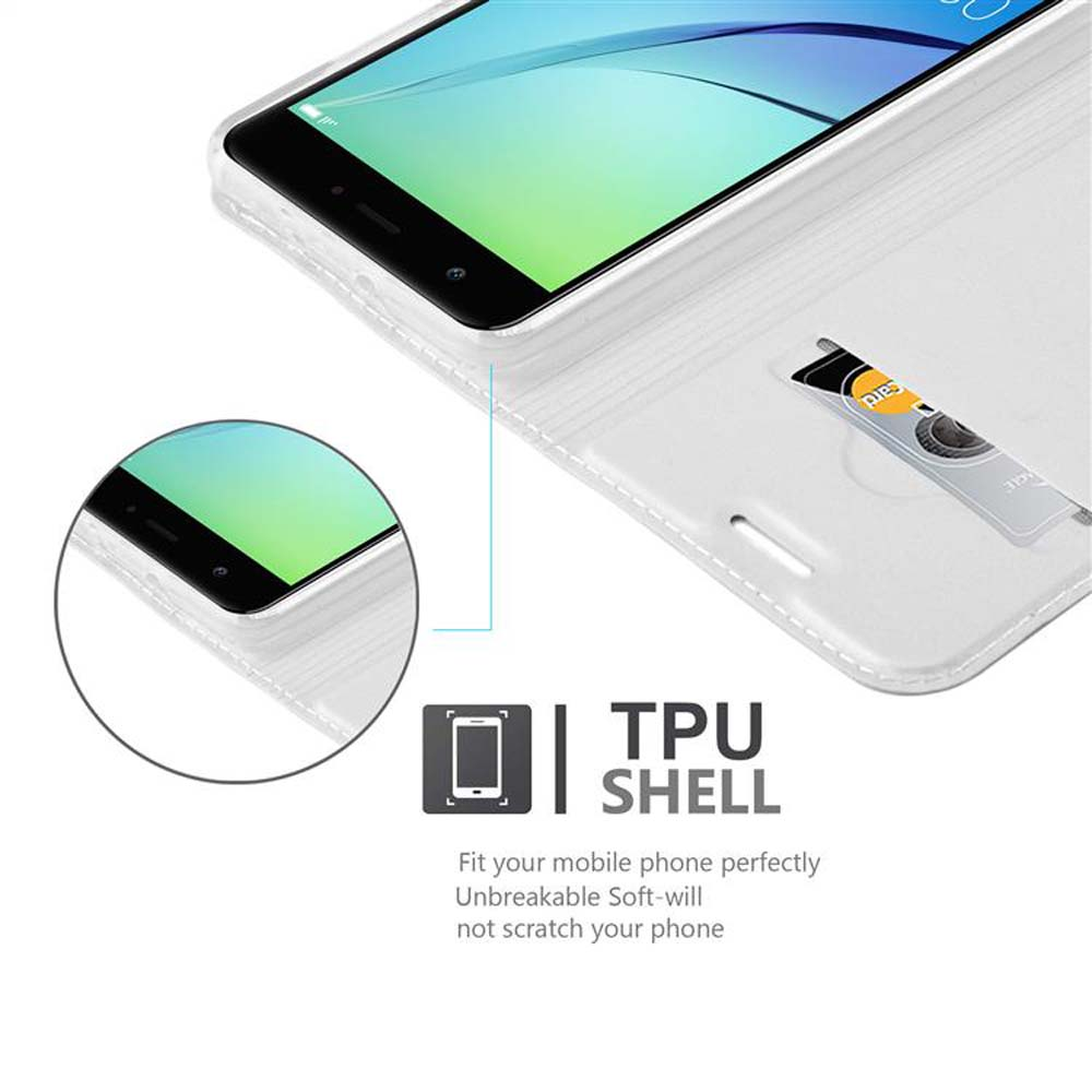 Custodia bianca con telefono all'interno, che mostra lo schermo. Ha una carta e uno slot con il testo TPU SHELL.