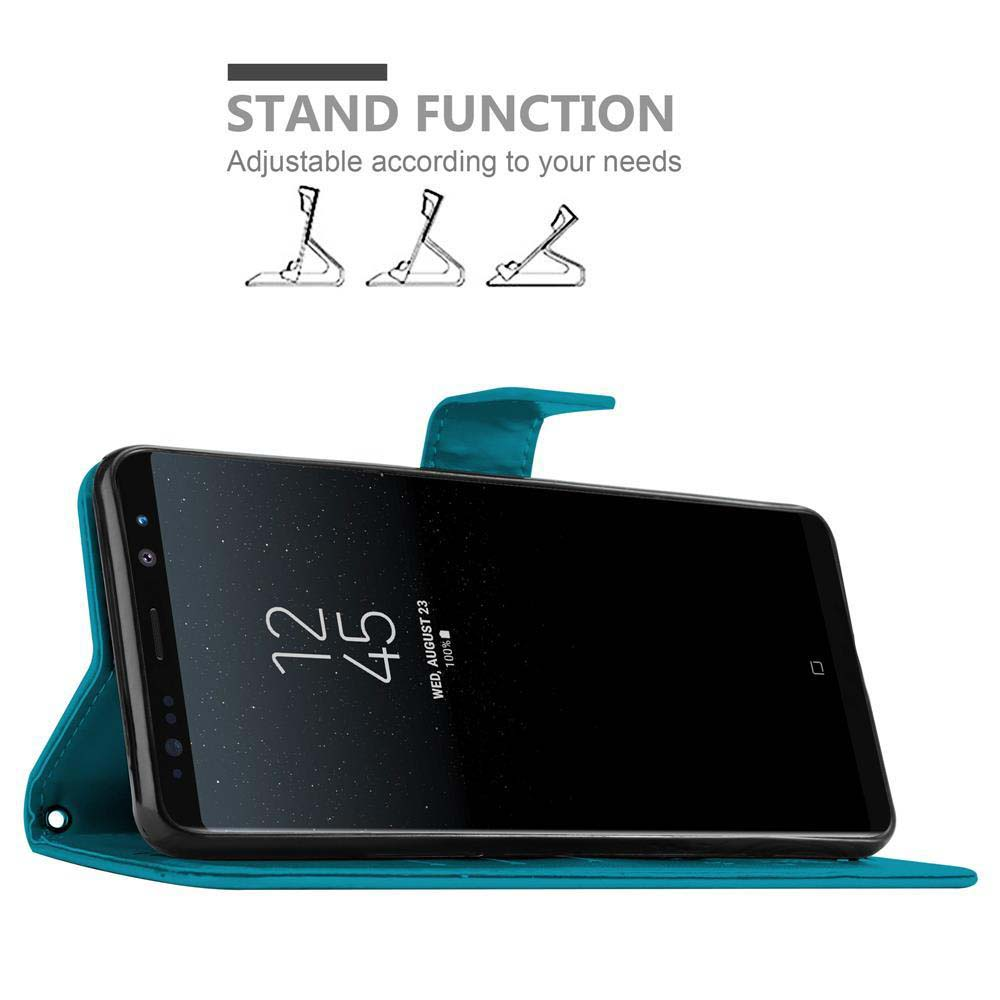 Un telefono in una custodia verde acqua è mostrato ad angolo, con diagrammi della funzione stand.