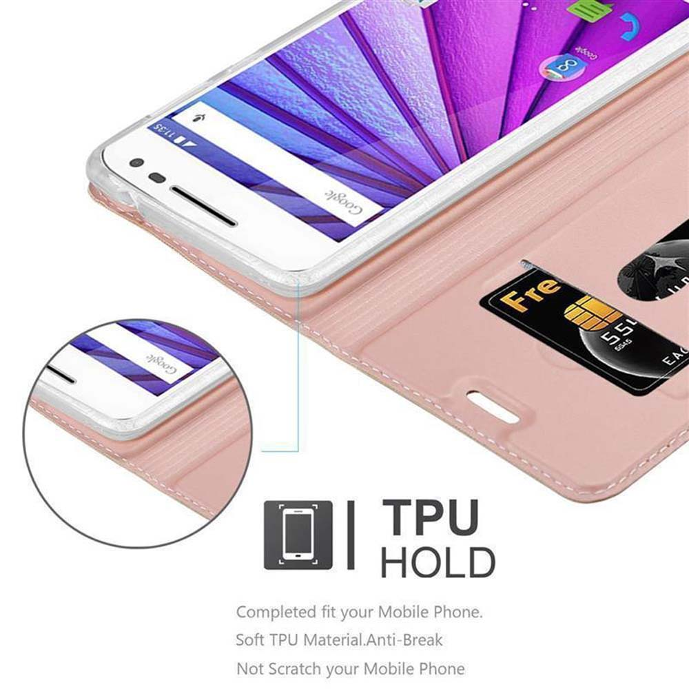 Custodia rosa aperta con telefono dentro. Testo: 'TPU HOLD', carta di credito visibile.