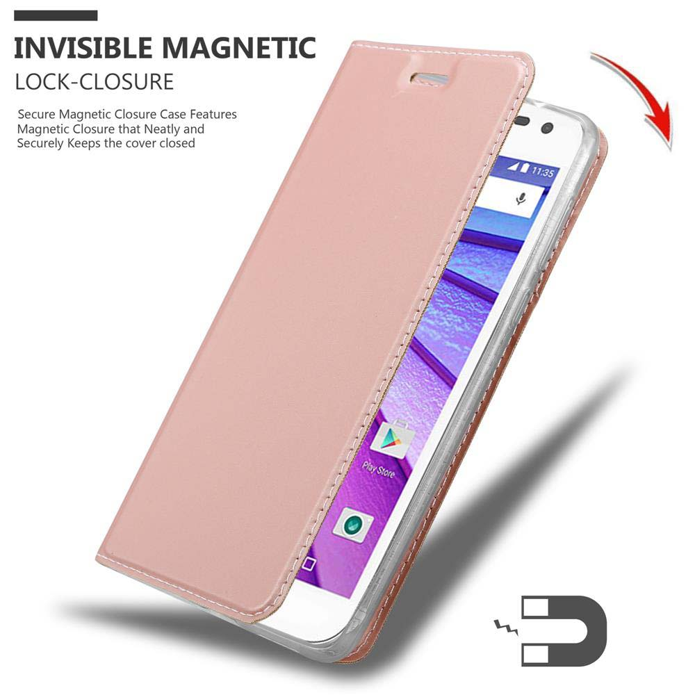 Custodia rosa per telefono con chiusura magnetica. Il telefono è all'interno della custodia. La custodia è aperta e ha il marchio.