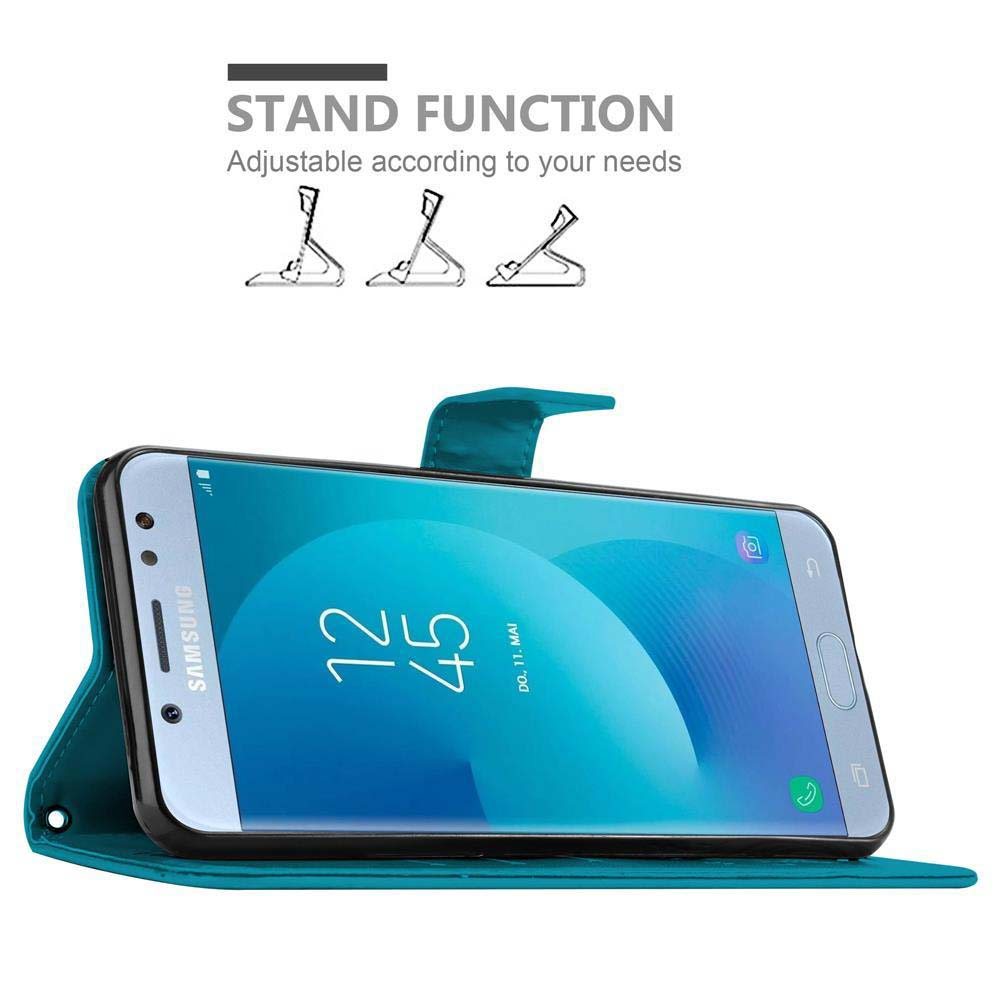 Telefono nella custodia verde acqua, funzione stand. Testo: regolabile in base alle tue esigenze.