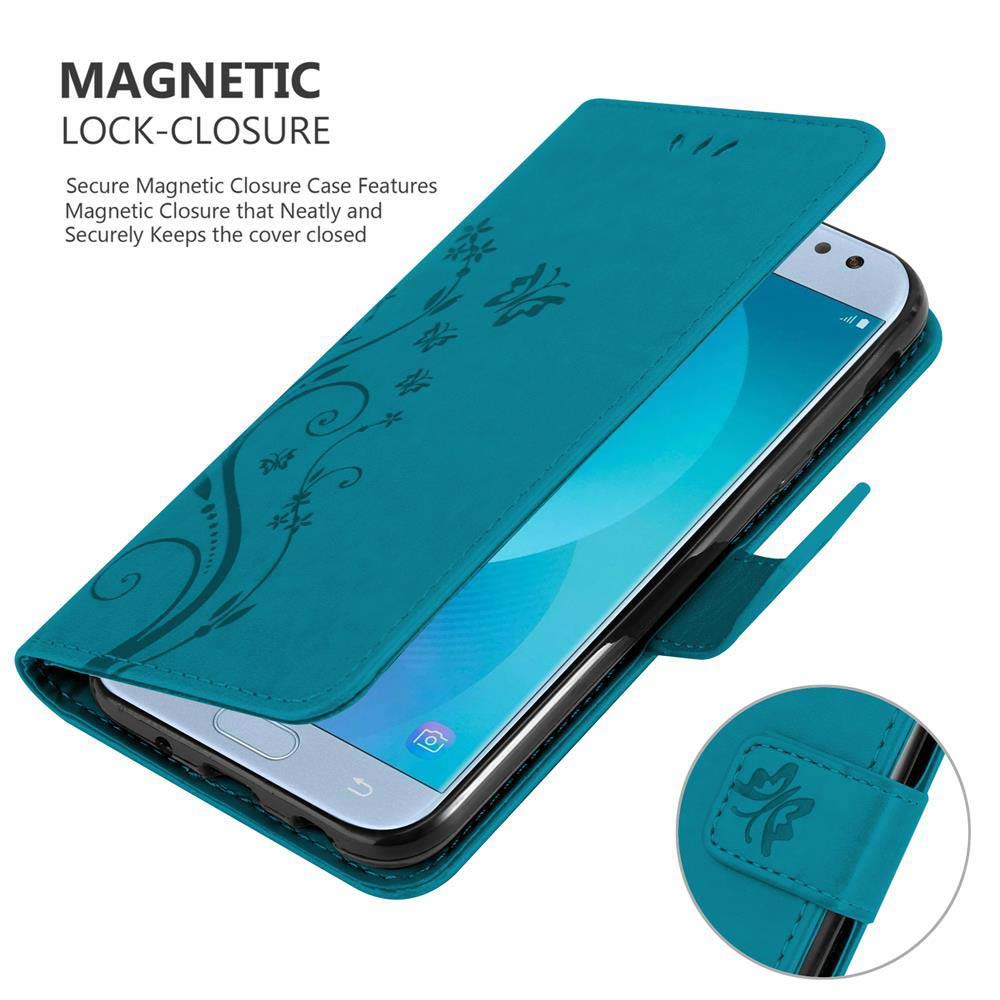 Custodia verde acqua aperta, con telefono. Design floreale.