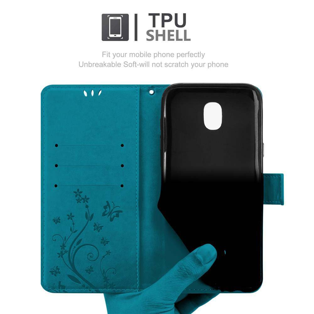 Custodia per telefono blu, aperta. Telefono nero all'interno con design floreale verde acqua. Sfondo bianco.