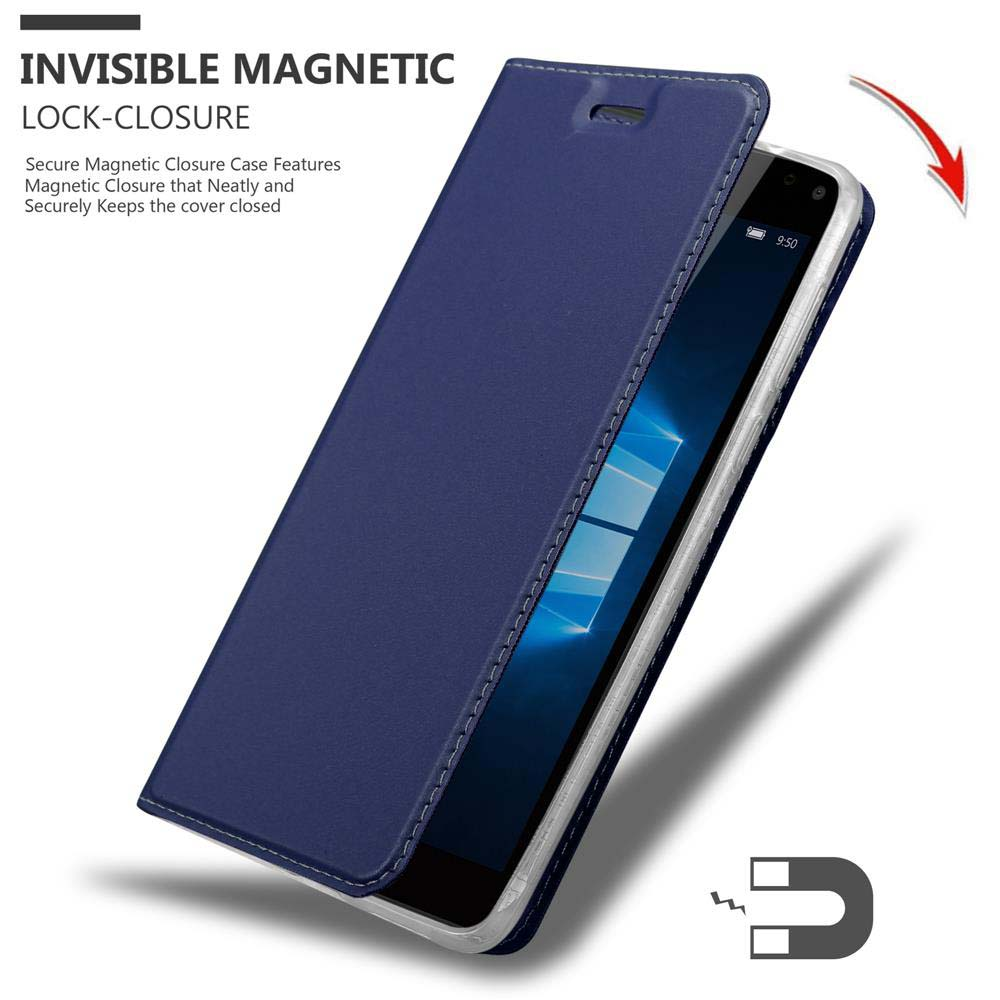 Custodia blu per telefono aperta, con telefono all'interno. Icona magnete e freccia. Testo: Chiusura magnetica invisibile.