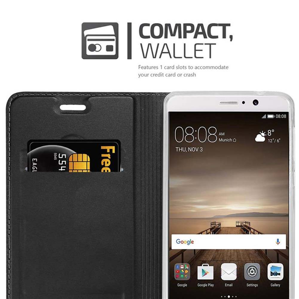 Funda de teléfono gris con tarjetas de crédito y un teléfono. El teléfono muestra la hora y el clima.