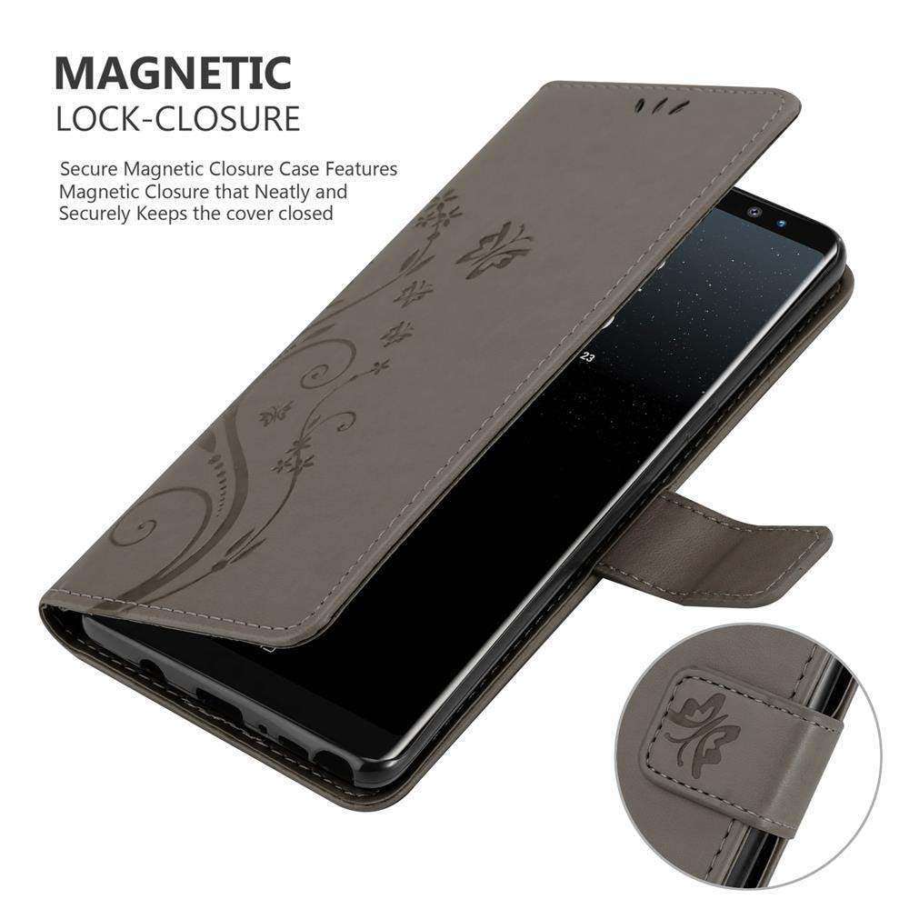 Custodia grigia per telefono aperta, design floreale, schermo del telefono mostrato.