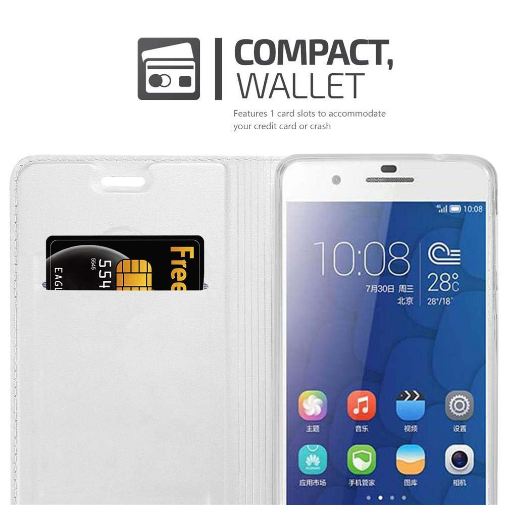 Una custodia per telefono bianca con una cover aperta. Mostra una carta di credito in uno slot per schede e lo schermo del telefono.