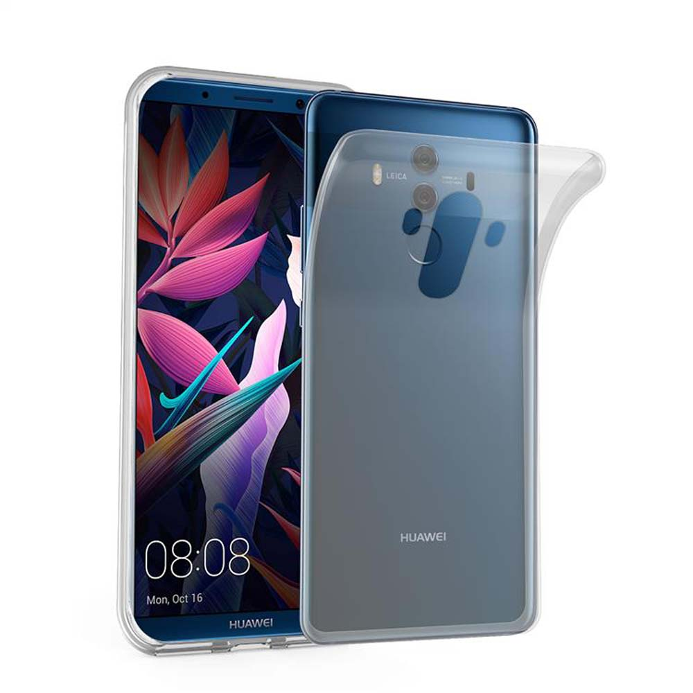 Un telefono con schermo blu scuro è in una custodia trasparente. La custodia è su uno sfondo bianco.