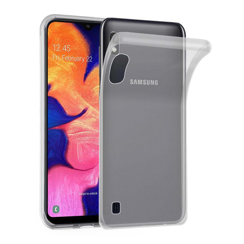 Transparente Handyhülle mit schwarzem Telefon. Telefon zeigt Startbildschirm mit Text und Symbolen.