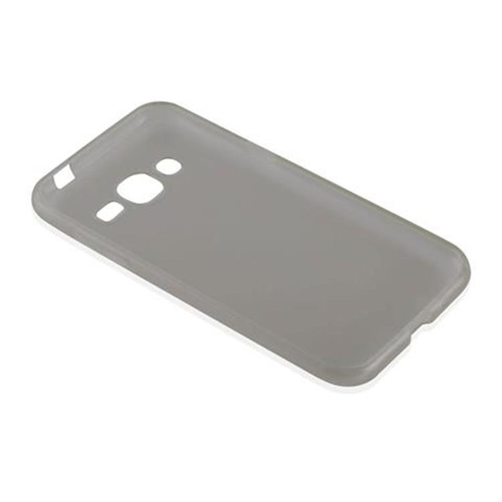Custodia grigia per telefono, un pezzo, con ritagli per la fotocamera e altre funzioni del telefono.