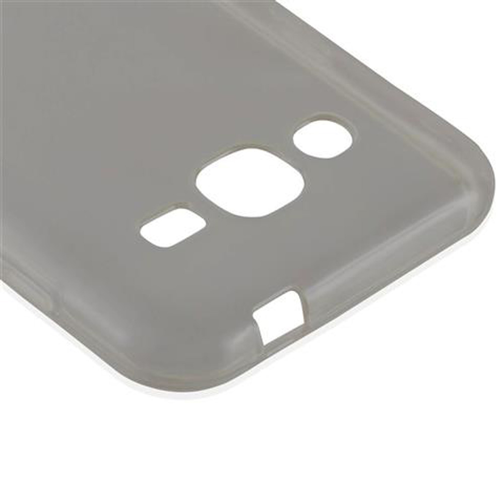 Una custodia grigia per telefono con ritagli. Ci sono ritagli per la fotocamera e altri pulsanti.