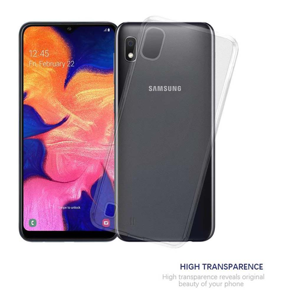 Schwarzes Telefon mit transparenter Hülle, Samsung-Logo sichtbar.