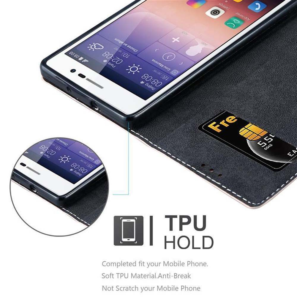 Un teléfono en una funda negra. Muestra la pantalla. Una tarjeta está en la funda. El texto dice TPU HOLD.