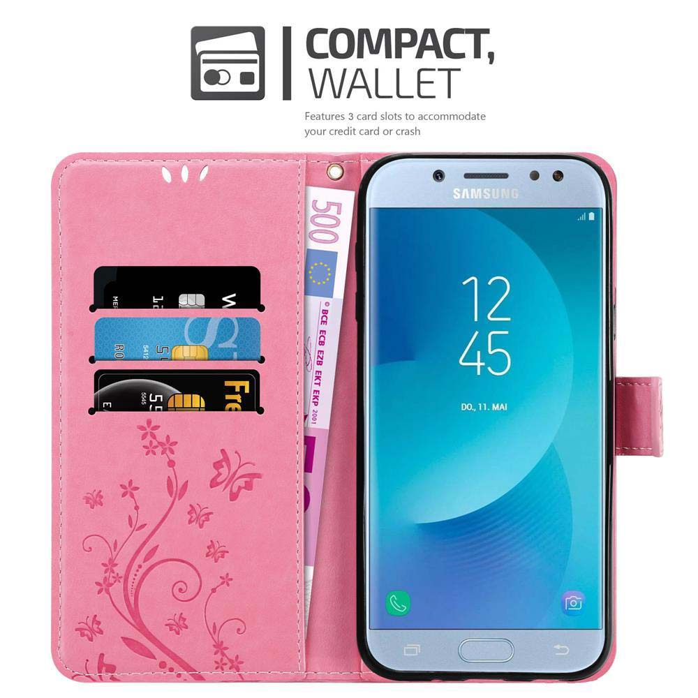 Portafoglio per telefono rosa aperto, che mostra telefono e fessure per carte, con banconota da 500 euro.