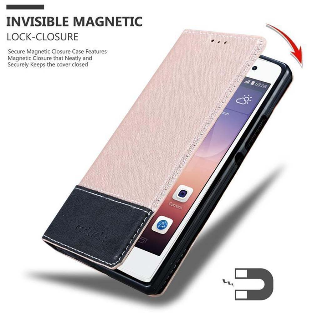 Funda de teléfono abierta, con teléfono dentro. El texto dice cierre magnético invisible.