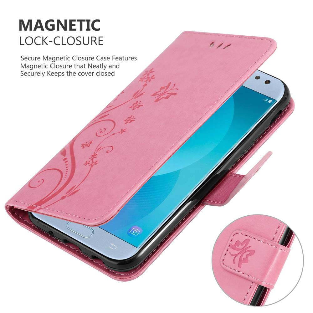 Custodia per telefono rosa con motivo floreale, aperta. Il telefono è visibile.