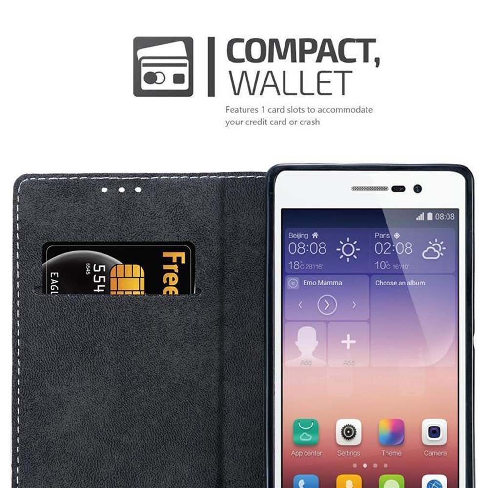 Funda negra para teléfono con ranura para tarjeta y teléfono mostrando fecha y hora. Hay una tarjeta en la ranura.