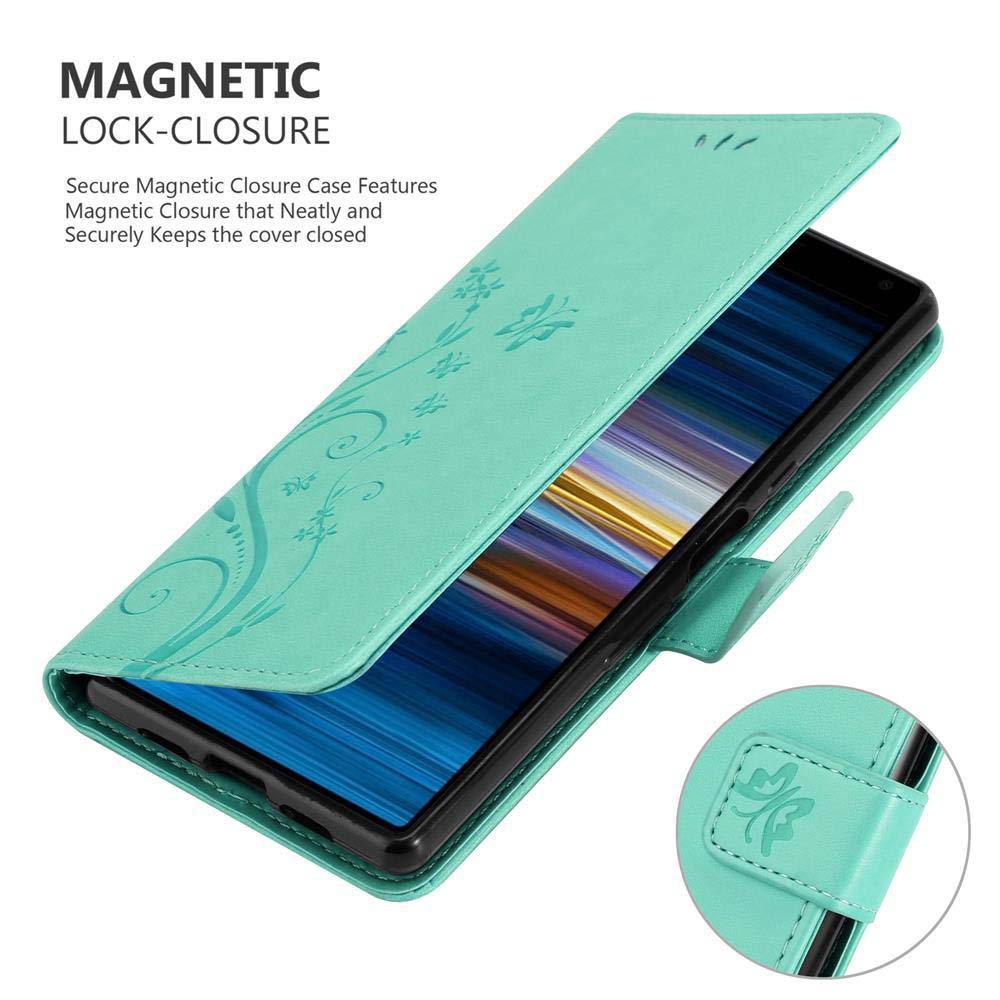 Custodia per telefono verde acqua aperta. Telefono dentro. Design floreale sulla cover. Chiusura magnetica.